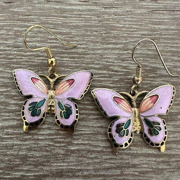Vintage Butterfly Pink Gold Drop Earrings - Picture 1 of 2